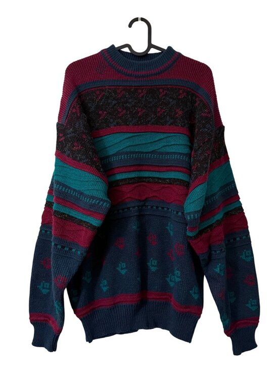 VTG Anchor Blue Multicolor 3D Knit Cosby 90s Crewneck Sweater Mens Large - Picture 1 of 5